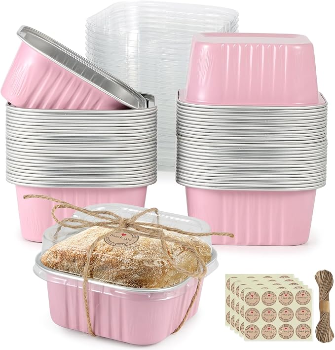 Mini Square Baking Cups with Lids, 50 Pcs Pink 5oz Aluminum Foil Cupcake Tins with Lids, Disposable Ramekins Flan Cake Pans Tins for Souffle, Dessert, Valentine, Wedding, Party Small Cake Containers by NorxzioreDessertBoxes