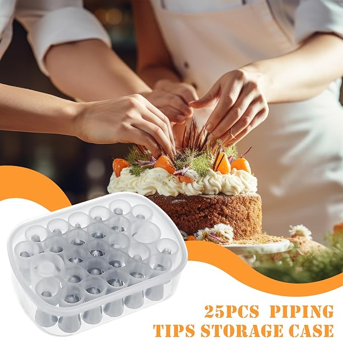 Piping Tip Organizers Box 27 Grids Storage Container Box with 25 Pcs Seamless Piping Tips 2 Adapters Baking Organizer Compartment for Stainless Steel Nozzles Tip Cake Decorating Tools Jewelry Beads