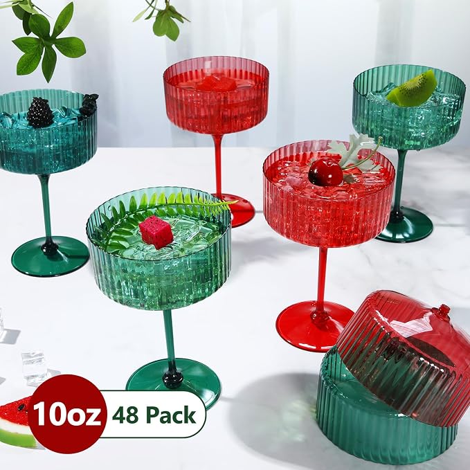 Jingmore 48 Pcs Ribbed Martini Glasses 10 oz Disposable Plastic Vintage Ribbed Coupe Glasses Unbreakable Dessert Parfait Glassware for Wedding Birthday Party Supplies (Red and Green) - Image 3