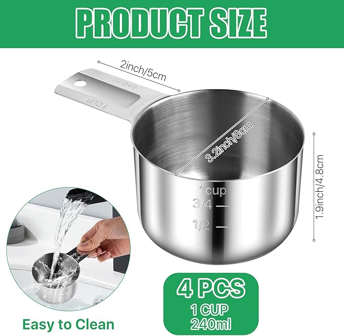 1 Cup Stainless Steel Measuring Cup, 4 Pcs 240 ml Single Measuring Cups Metal Measure Scoop, Kitchen Cooking Gadgets for Wet and Dry Ingredients (8 oz, 240 cc)