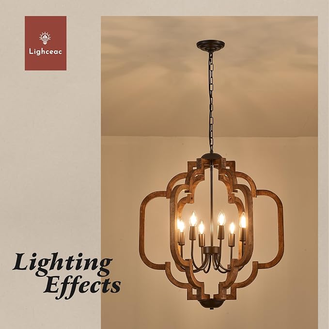 24.6" Farmhouse Vintage Chandelier 8-Light for Dining Room Rustic Handmade Wood Hanging Ceiling Pendant Light Fixture for Entryway Brown Retro Chandeliers for Kitchen Bedroom Foyer Hallway - Image 7