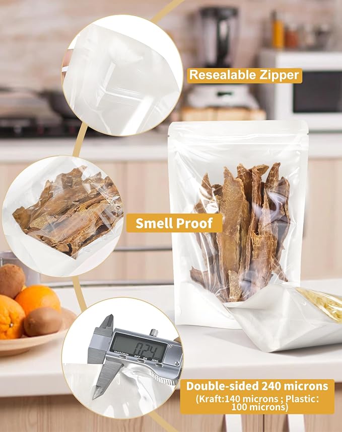 FireKylin 100 PCS Stand Up Pouches,7.1" x 10.2" Paper Bags With Window Clear Front Pouches Resealable Zipper Food Storage White - Image 4