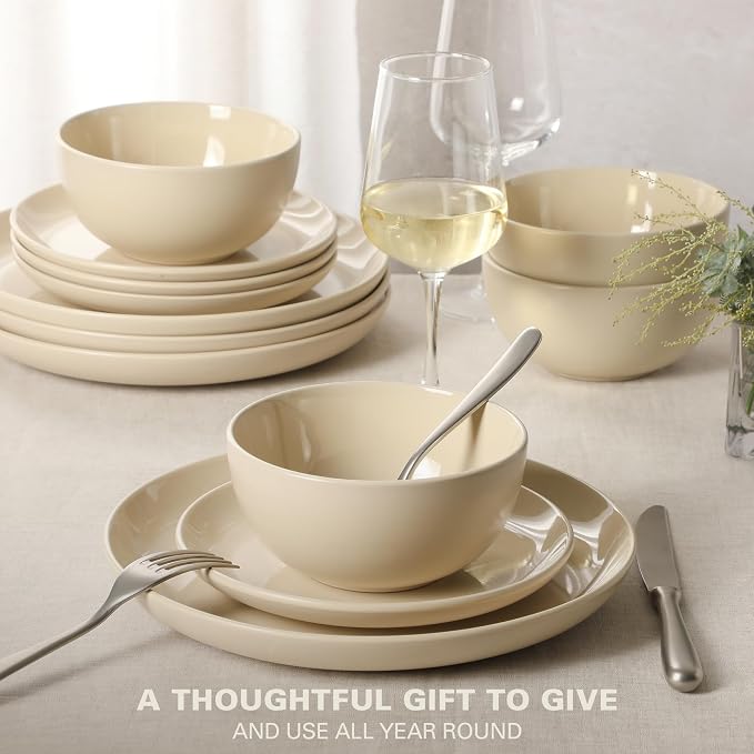 Gibson Home Rockaway 12 Piece Plates and Bowls Matte Glaze Service for 4 Dinnerware Set - Warm Cream - Dishwasher and Microwave Safe - Image 4