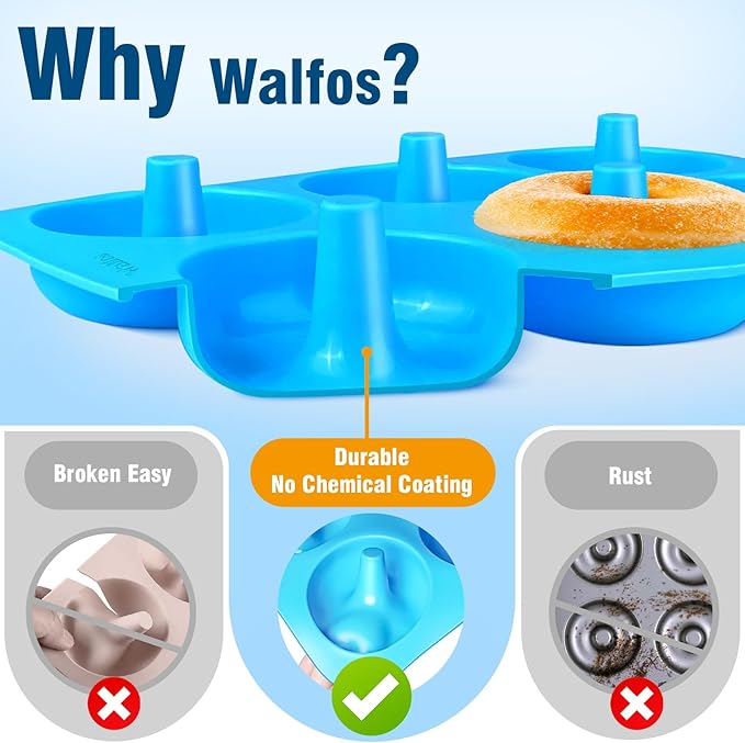 Walfos Silicone Donut Mold - Non-Stick Silicone Doughnut Pan Set, Just Pop Out! Heat Resistant, Make Perfect Donut Cake Biscuit Bagels, BPA FREE and Dishwasher Safe, Set of 3