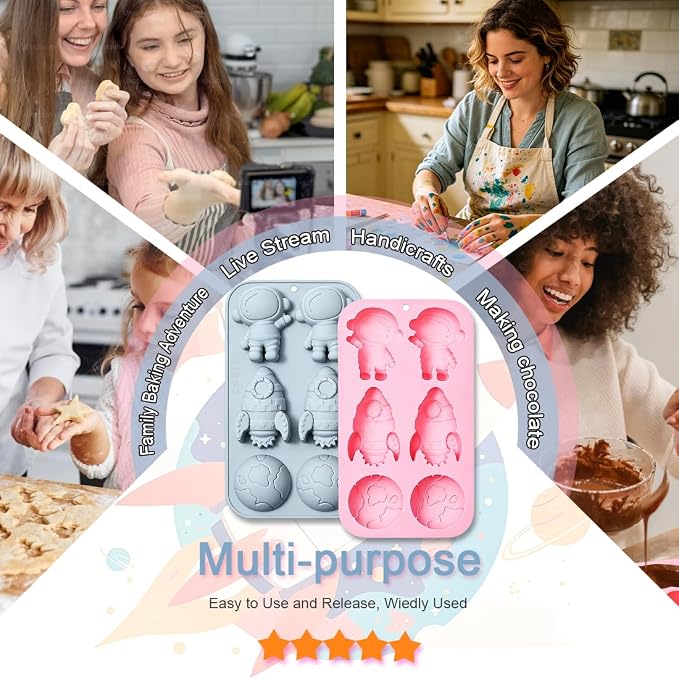2 Pack Space Themed Silicone Cake Molds 6 Cavity 3D Astronaut Rocket Earth Mould Tray DIY Baking Decorating Tools for Chocolate Candy Cupcake Topper Mousse Dessert Gummy Handmade Soap Clay - Image 7