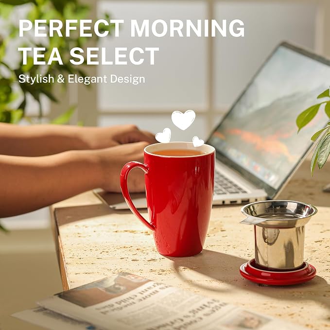Sweese 15 OZ Porcelain Tea Mug with Infuser and Lid, Loose Leaf Tea Cup, Gifts for Tea Lover, Red - Image 4