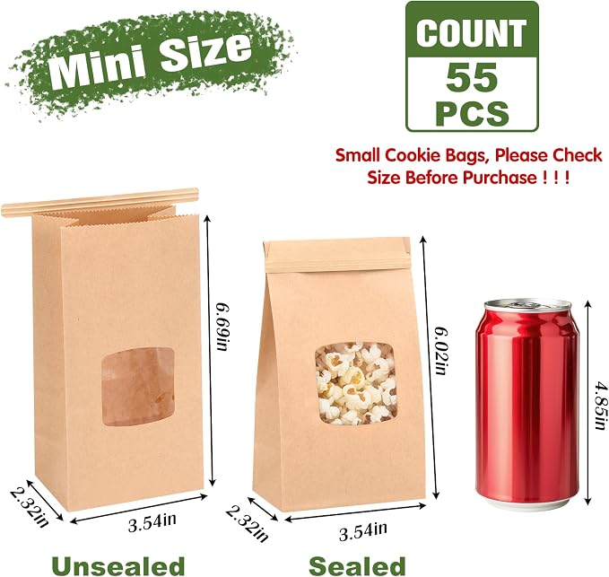 Moretoes 55pcs Small Bakery Cookie Bags with Seal, 3.5x2.3x6.7In | Brown Kraft Paper Treat Bags with Window Seal by Tin Tie Tab for Cookie Coffee Bread Pastry Treat Bakery Gift Giving Packing - Image 2