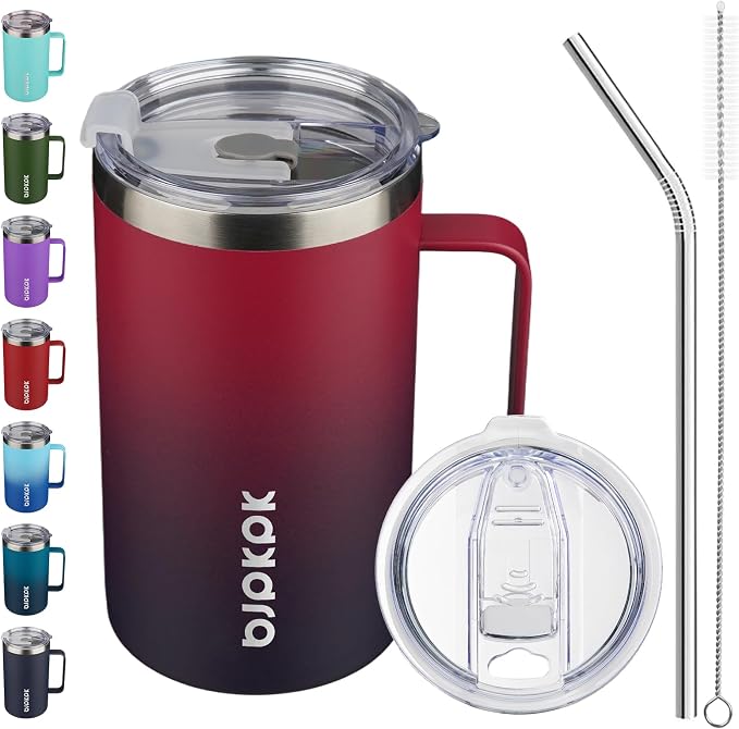 BJPKPK 25oz Insulated Coffee Mug with Handle, Stainless Steel Travel Mug | Keeps Drinks Hot & Cold, Double Wall Vacuum, 2 Lids Included, BPA-Free Coffee Tumbler for Home, Office & Travel by BJPKPK