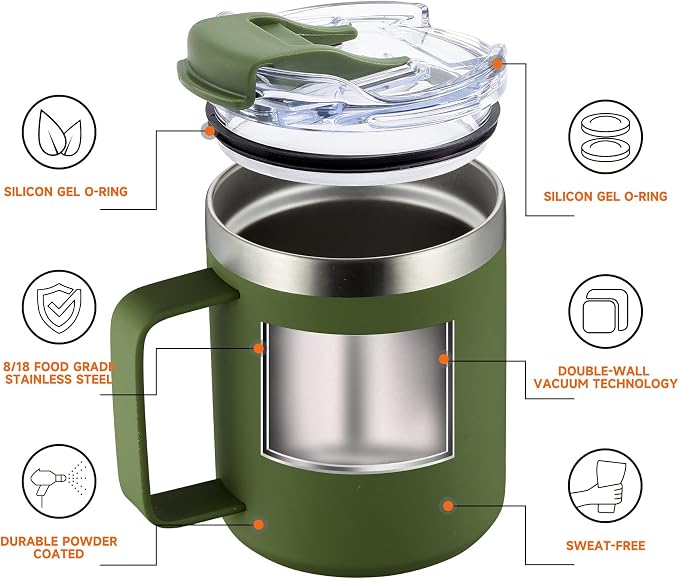 12oz Insulated Travel Coffee Mug with Handle, Army Green | Stainless Steel Coffee Tumbler with Lid, Double Wall Vacuum Thermal Cup for Camping - Image 4