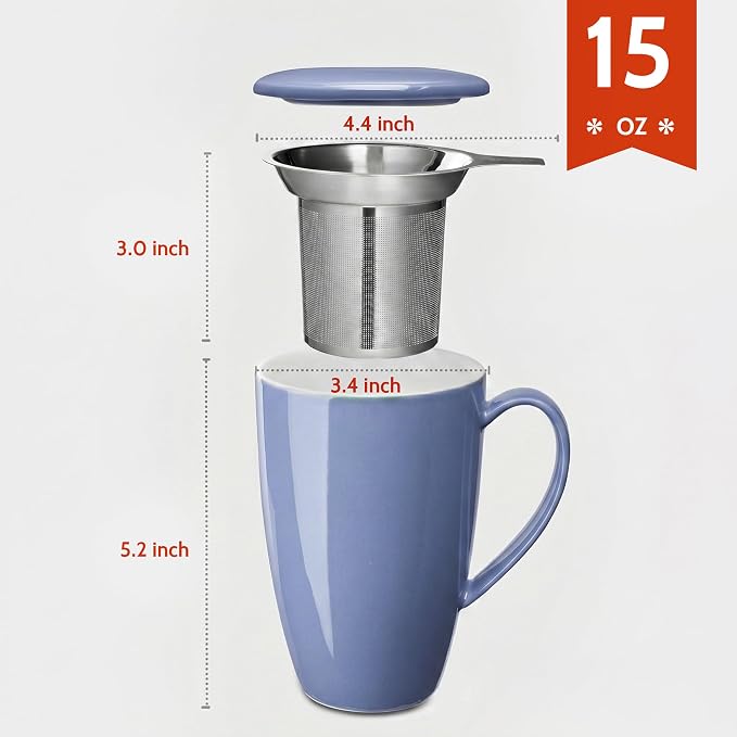 Sweese 15 OZ Porcelain Tea Mug with Infuser and Lid, Loose Leaf Tea Cup, Gifts for Tea Lover, Dusty Blue - Image 3