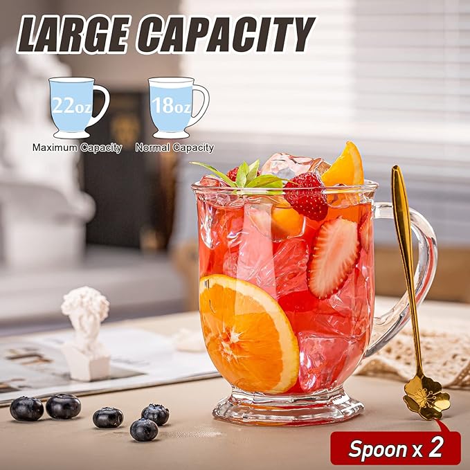 Glass Coffee Mugs Set of 2, 22 oz Large Capacity Glass Mugs with Handles, Clear Coffee Mug with 2 Spoons, Ideal for Latte, Espresso, Juice, Tea - Image 2