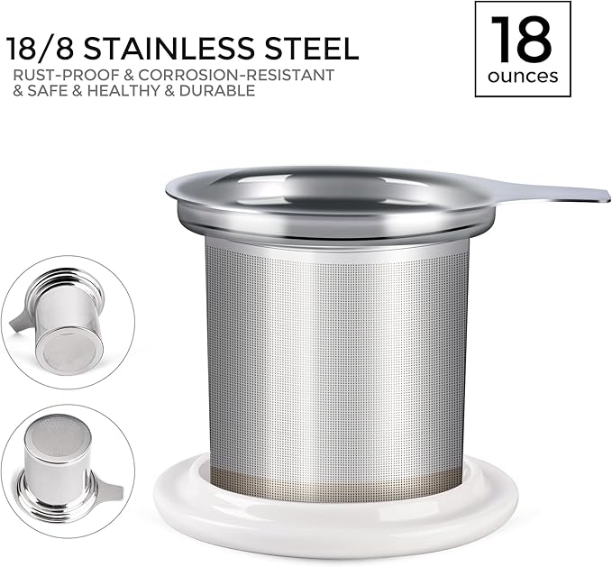 GBHOME Tea Mug with Infuser and Lid, 18 Ounce Large Ceramic Loose Leaf Cup, Microwave, Dishwasher Safe