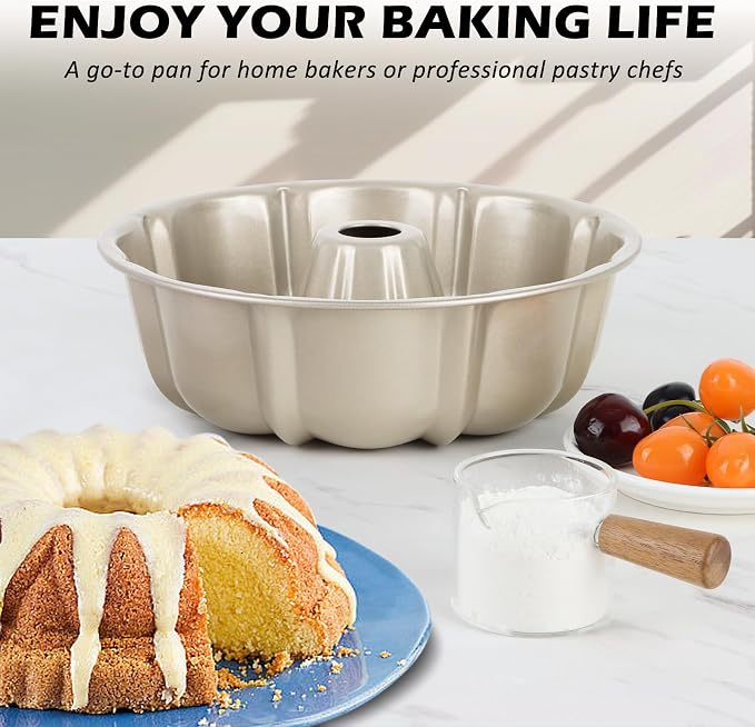 TeamFar 10 Inch Nonstick Cake Pan, 10 Cups Fluted Tube Cake Pan for Baking | Heavy Duty Carbon Steel Round Baking Tray for Making Jello/Monkey Bread/Chocoflan, Non Toxic, Easy Clean - Champagne Gold - Image 6