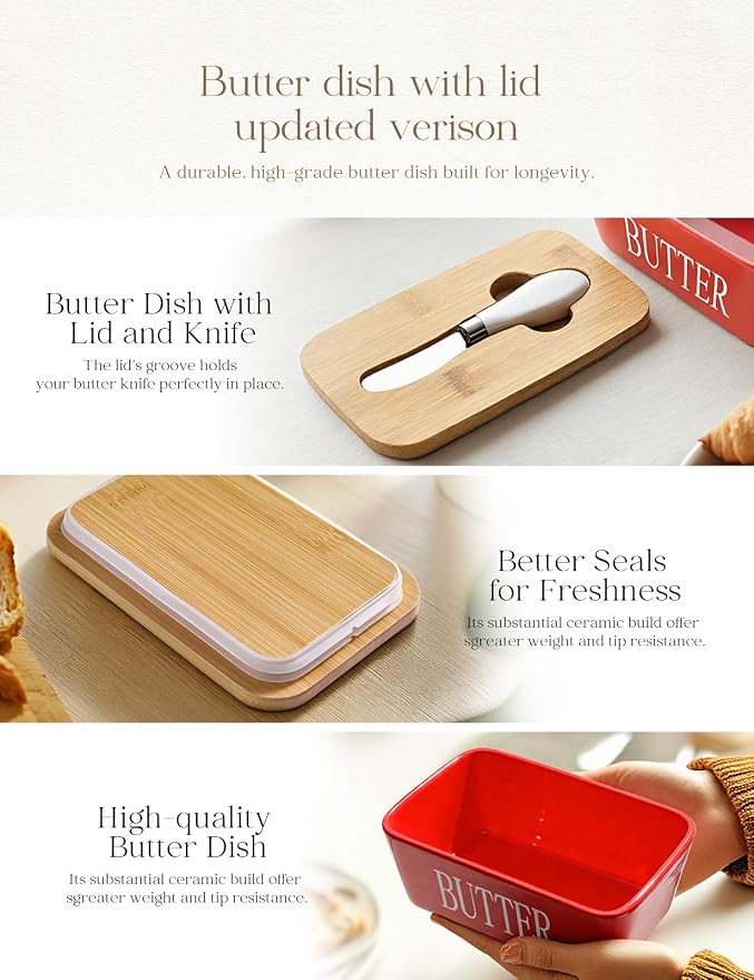 AISBUGUR Large Butter Dish with Lid Ceramics Butter Keeper Container with Knife and High- quality Silicone Sealing Butter Dishes with Covers Good Kitchen Gift Red 6.3 x 3.5 x 2.7 inches | Suitable Capacity, Great Sealing, Home Decor Kitchen Gift Housew... - Image 4