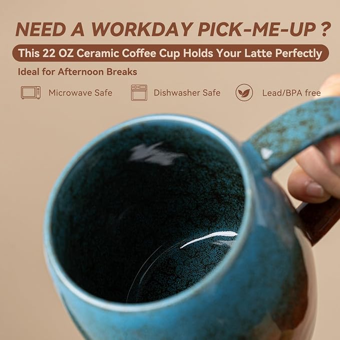 Handmade 22oz Ceramic Coffee Mug, Ergonomic Large Handle, Ideal Gift for Coffee Lovers, Microwave & Dishwasher Safe (Minute-Blue&Orange) - Image 3