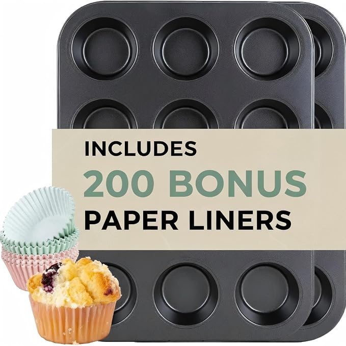 CARTMAN 2-Pack 12-Cup Muffin Pan Set, Carbon Steel Nonstick Cupcake Tin | Includes 200 liners, durable carbon steel, nonstick release, for cupcakes, muffins, egg bites, brownies, oven safe 450°F by CARTMAN