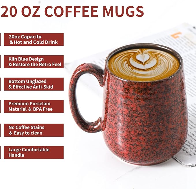 Hasense Large Coffee Mugs Set of 2, Ceramic 20 oz Coffee Cups for Office and Home, Modern Coffee Mug with Big Handle for Latte Coffee Tea Soup as Friend Gifts, Dishwasher and Microwave Safe, Red - Image 2
