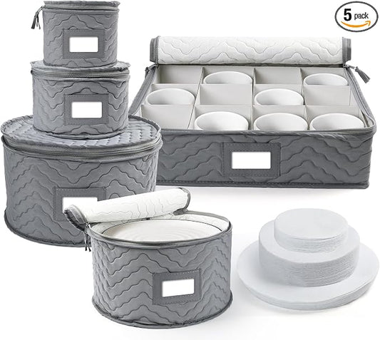 LotFancy China Storage Containers, Quilted 5-Piece Set, Tea Cup and Saucer Storage Box, Chinaware Dinnerware Dish Plate Mug Storage Case, 48 Felt Protectors, Cardboard Dividers Included by LotFancy