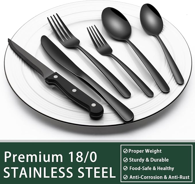 EWFEN 24-Piece Black Silverware Set with Steak Knives, Black Flatware Set for 4, Food-Grade Stainless Steel Tableware Cutlery Set, Mirror Finished Utensil Sets for Home Restaurant, Heavy Duty - Image 5