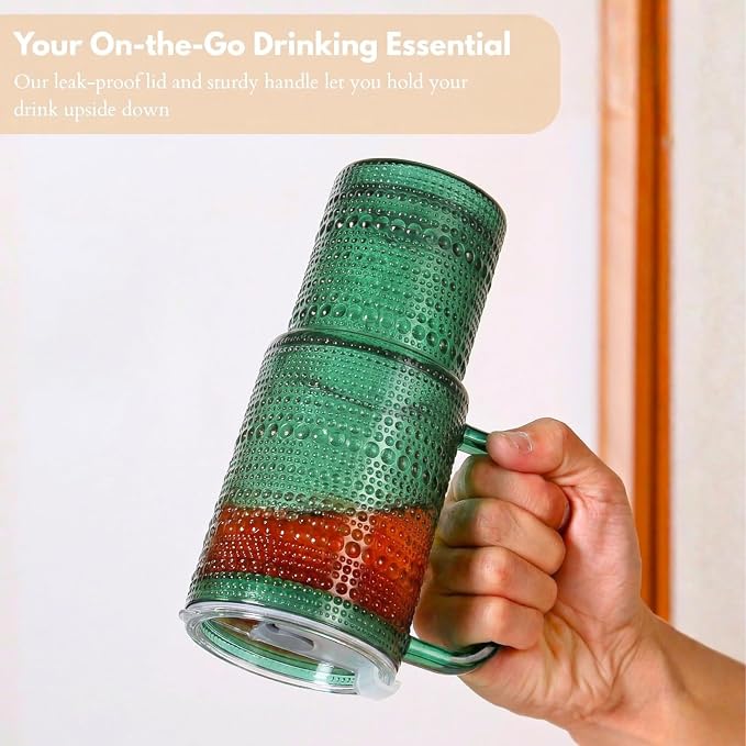 20 oz Green Glass Tumbler with Lid and Straw, Glass Iced Coffee Cups, Spill-proof Glasses Tumbler with Handle, Glasses Drinking Set of 2, Vintage Glassware for Cocktail, Smoothies - Image 4