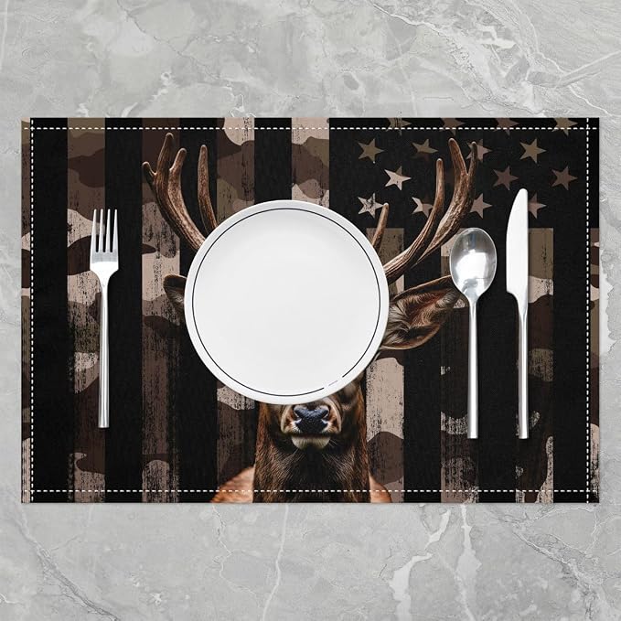 Feelyou Deer Hunting Camo Placemats Set of 4 Hunter Camouflage Table Mats for Party Kitchen Dining Decoration American Flag Place Mat for Table Holiday Decor Indoor Outdoor 18"x12" Non-Slip Washable - Image 2