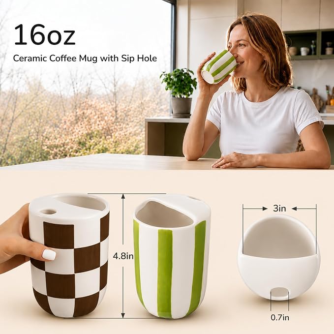 Hushee 2 Pack 16 oz Ceramic Coffee Mugs with Sip Hole, Retro Hand-painted Ceramic Travel Mug, Green White Striped &brown White Plaid Design, Microwave & Dishwasher Safe, Ideal Gifts for Coffee Lovers - Image 2