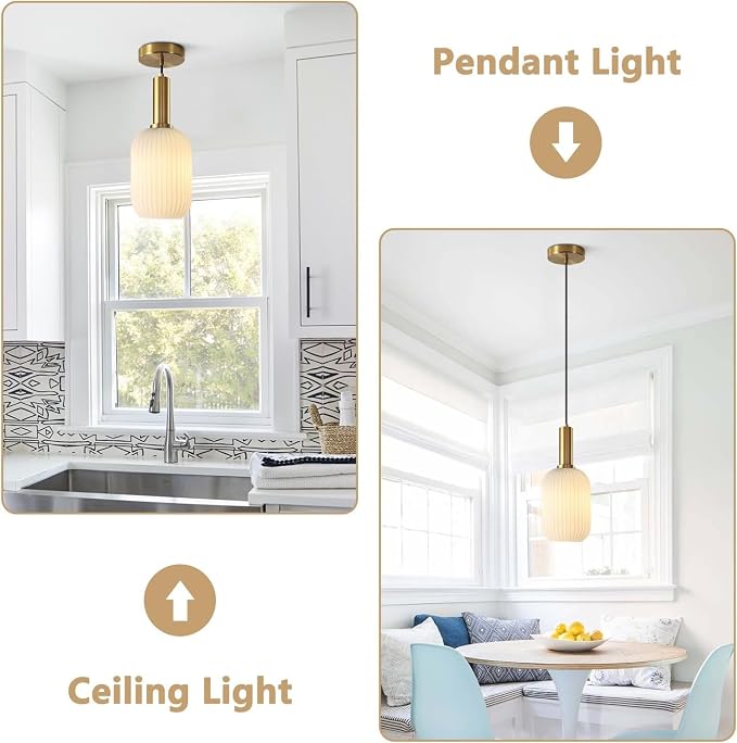 KCO Brushed Brass 5.1” Small White Milk Ribbed Cylinder Glass Pendant Light | E26 Bulb Hardwired, Mid Century Modern Vintage Adjustable Hanging Lamp for Sloped Ceiling Kitchen Island Dining Room Bedroom - Image 3