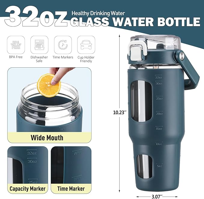 BLUEGO 32oz Glass Tumbler with Lid and Handle, Iced Coffee Cup with Straws, Glass Water Bottle with Silicone Sleeve and Volume, Marker Glass Cup with Time Marking, BPA Free, Dark Blue