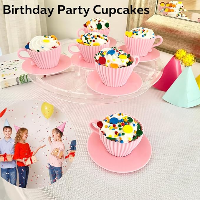 Evelots Baking Cupcake Molds - Silicone Teacup Set - 24 Pc Set - Oven-Safe - Nonstick - Muffin Cups for Bridal/Baby Shower, Birthday/Tea Party - 12 Cups & 12 Saucers - BPA Free