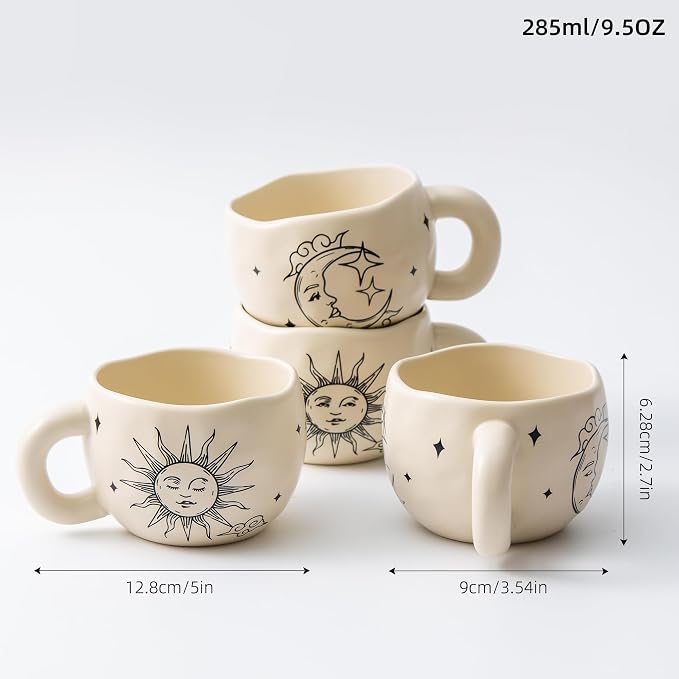 4pcs Boho Style Ceramic Moon and Sun Mugs, 9.4OZ Cute Coffee Cup Set, Matte Cream Color, Dishwasher Safe, Gift for Women/Couples - Image 3