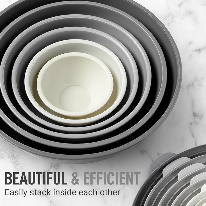 Zulay Kitchen 12 Piece Plastic Nesting Mixing Bowls with Lids - Colorful Microwave & Freezer Safe Gray Ombre Set - Image 2