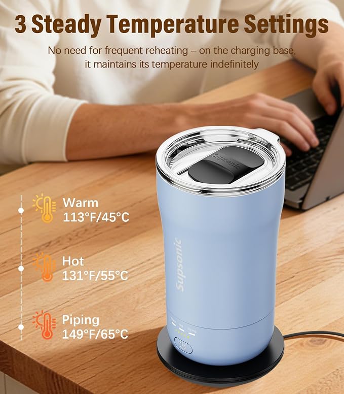 Supsonic - 14oz Heated Coffee Mug, Self-Heating Travel Mug with 3-Temp Settings, Insulated Stainless Steel Constant Temperature Heating Mug for Beverage, Smart Heating Portable Coffee Mug | S1 - Image 2