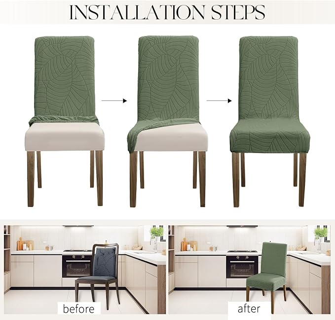 MOSAYT 100% Waterproof Dining Room Chair Covers Set of 6, Super Fit Stretch Jacquard Parson Chairs Slipcovers Removable Washable Chair Seat Protectors for Home, Kitchen, Banquet (Green - XL) - Image 5