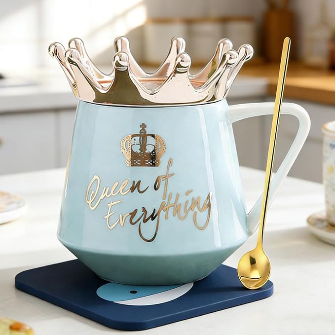 Arawat Queen of Everything Mug with Lid Crown 12 Oz Queen Elizabeth Cup Gift Blue Ceramic Mugs Birthday Gifts for 20 30 40 50 60 70 Women Gift for Girlfriend Mom Valentine's Day Gifts for Women Man by ARAWAT