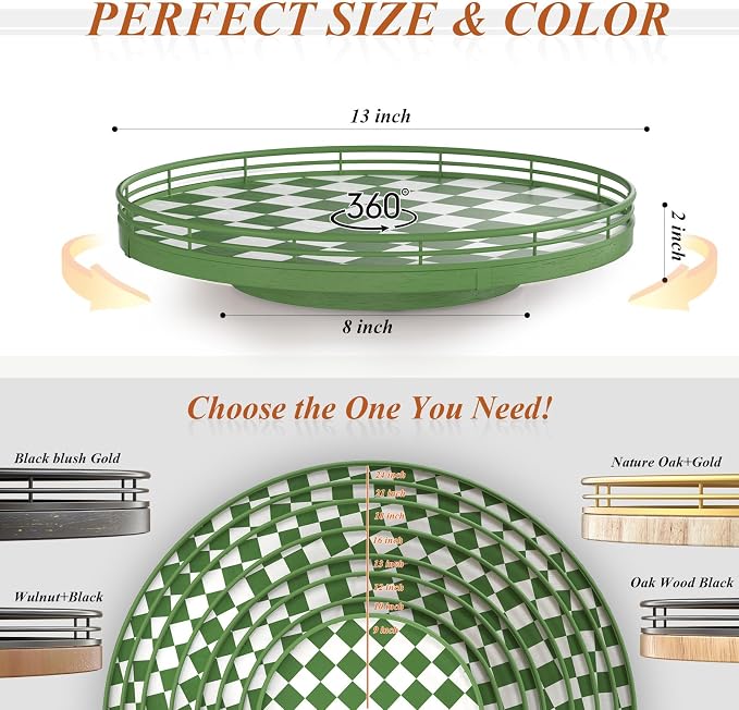AMH 13-Inch Green and White Checkerboard Lazy Susan with Rubberwood Base | Smooth rotating oak tray with walnut finish for dining tables, kitchen counters, pantries and cabinet storage. - Image 6