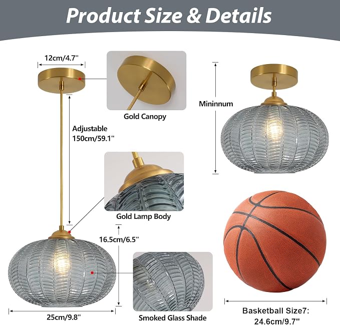 KCO Lighting Large Glass Pendant Lights Kitchen Island Brass Gold Pendant Light Gold Globe Hanging Light Smoked Striped Glass Pendant Light Mid Century Modern Dining Room Light Fixture - Image 2