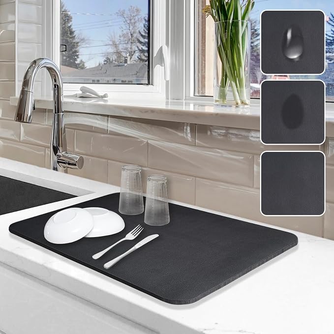 Dish Drying Mat for Kitchen Counter, 12"x19" Pad with Rubber Backed (Black) | Hide Stain Anti Absorbent for Kitchen Counter, Non-slip Drying Mat for Coffee Machine Dish Rack by Etomiel