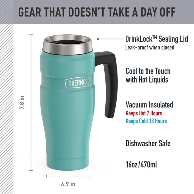 THERMOS Stainless King Vacuum-Insulated Travel Mug with Handle - 16oz, Matte Teal Tumbler for Hot & Cold Drinks - Leak & Sweat-Proof Stainless Steel Coffee Mug with Lid for Commuting - Image 2