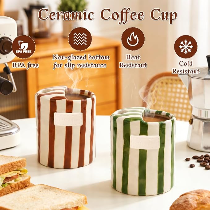 Ceramic Coffee Mug with Sip Hole 10oz Cute Espresso Cup | Unique Hand-Drawn Brown and White Striped Design, Microwave and Dishwasher Safe, for Kitchen Dining, Office, Holiday Gift - Image 4