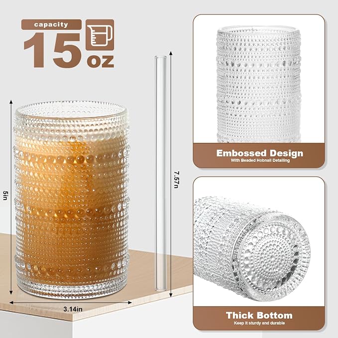 Hobnail Drinking Glasses Set of 12, 15 oz Large Capacity Highball Glasses with Straws Vintage Glasses Drinking Set, Embossed Beaded Glass Cups for Kitchen, Beer, Juice, Cocktail, Whiskey, Milk - Image 3
