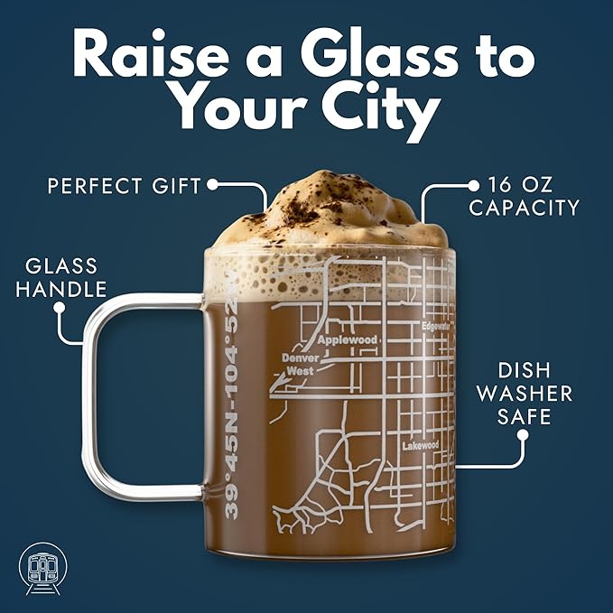 Greenline Goods – Denver, CO Map Glass Coffee Mugs (Set of 2), 16 oz – Etched Wrap Design