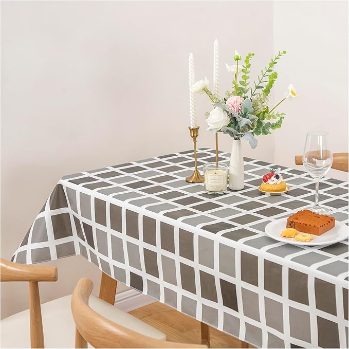 FIFTY FEET 84 * 60 Inch Rectangle Tablecloth, Vinyl Tablecloth with Flannel Backing for Rectangle Tables Waterproof, Plastic Picnic Table Cover for Dining Table/Buffet Parties/Camping(Black Plaid) by FIFTYFEET