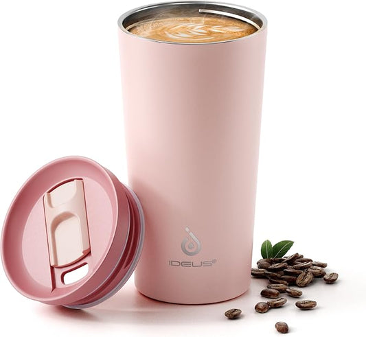 Ideus 17 oz Travel Coffee Mug, Double Wall Vacuum Stainless Steel Insulated Coffee Tumbler With Lid, Splash-Proof & Cup Holder Friendly, Keeps Drinks Hot/Cold, Dishwasher Safe, Blush by IDEUS