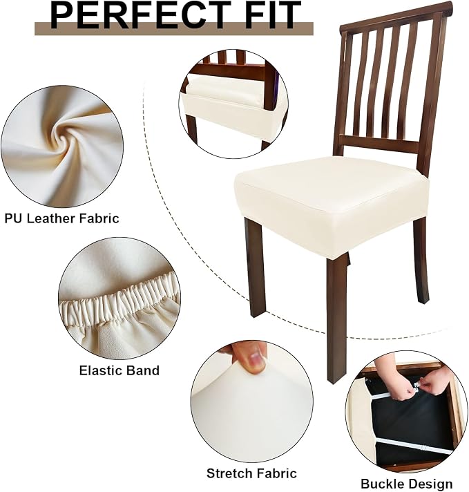 Waterproof Pu Leather Seat Covers for Dining Room Chairs Set of 4,Soft Chairs Seat Slipcovers,Dining Chair Cover Removable Washable Chair Protector Cover Stretch Kitchen Chair Covers - Image 5