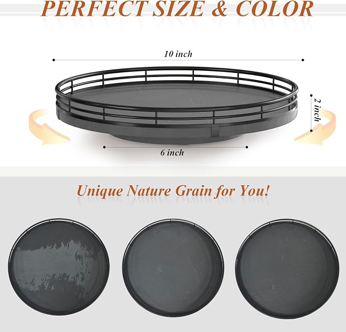 AMH10-Inch Natural Slate Lazy Susan with Black Raised Iron Rim | Smooth rotating oak tray with walnut finish for dining tables, kitchen counters, pantries and cabinet storage. - Image 3