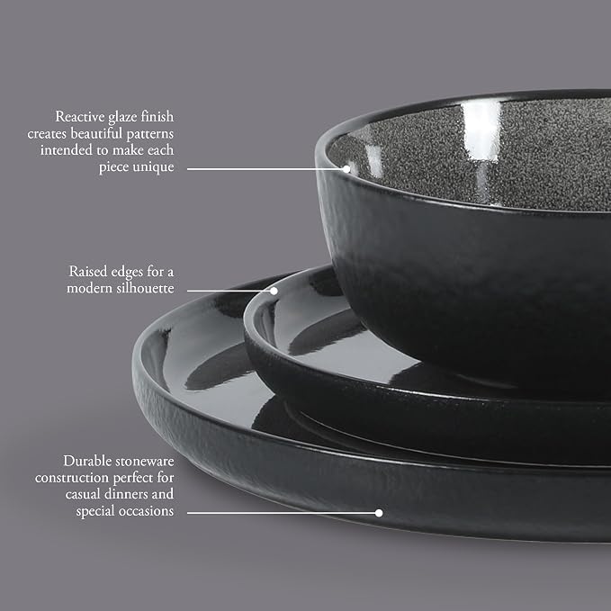Gibson Elite Tahoe Sunset 12 Piece Stoneware Reactive Glaze (Service for 4) Ceramic Plates and Bowls Dinnerware Set - Black - Image 3