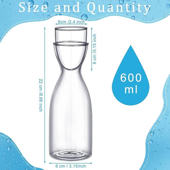 Bedside Water Carafe Set with Tumbler Glass Set for Bathroom Mouth Washer Dispenser Mouth Wash Containers Decanter with Cup Glass Pitcher Bottle Container, Nightstand or Kitchen, 600 ml (1) - Image 2