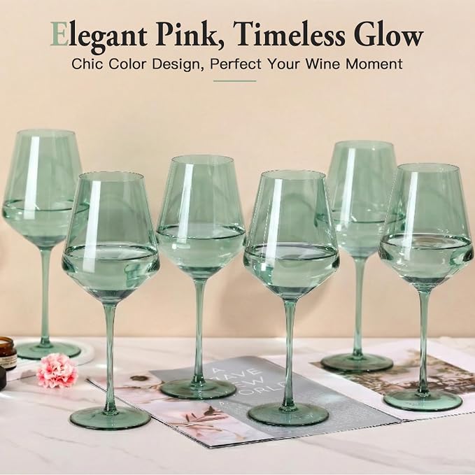 Green Wine Glasses Set of 6, Handblown Colored Wine Glasse,Green Coloful Glassware，17OZ for Red or White Wine - Image 8