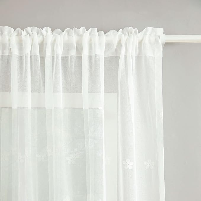 White Sheer Curtains 63 inches Length, Embroidered Window Treatment Curtain Sheer Voile Panels for Kitchen, Small Windows, 42x63, 2 Panels - Image 2
