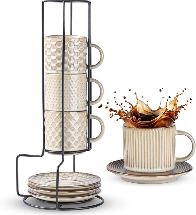 GBhome 6 OZ Stackable Coffee Mugs Set of 4, Ceramic Espresso Coffee Cups | Coffe Cups With Saucer and Stand, Dishwasher&Microwave Safe, 4 Assorted Designs by GBhome